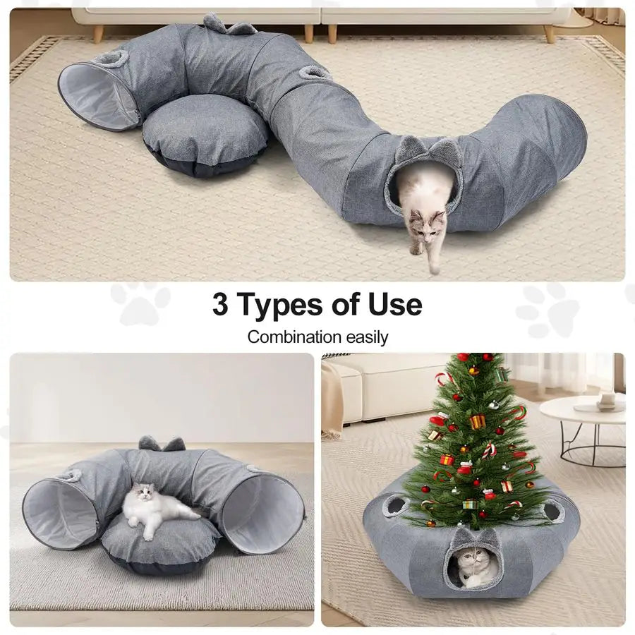 Linen Cat Tunnel With Central Bed And Detachable Soft Mat
