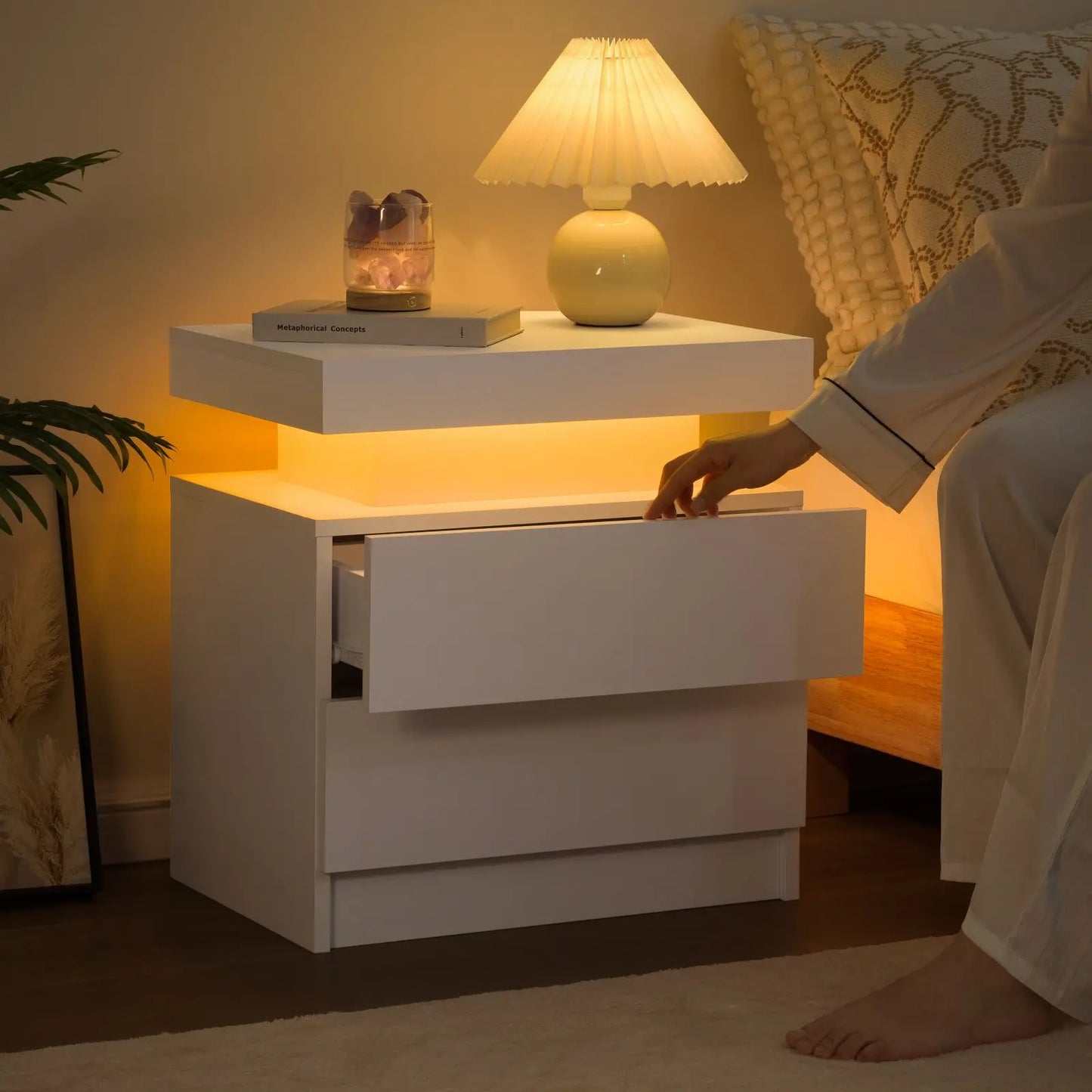 Cubehom LED Nightstands With 2 Drawers Modern Bedroom End Table
