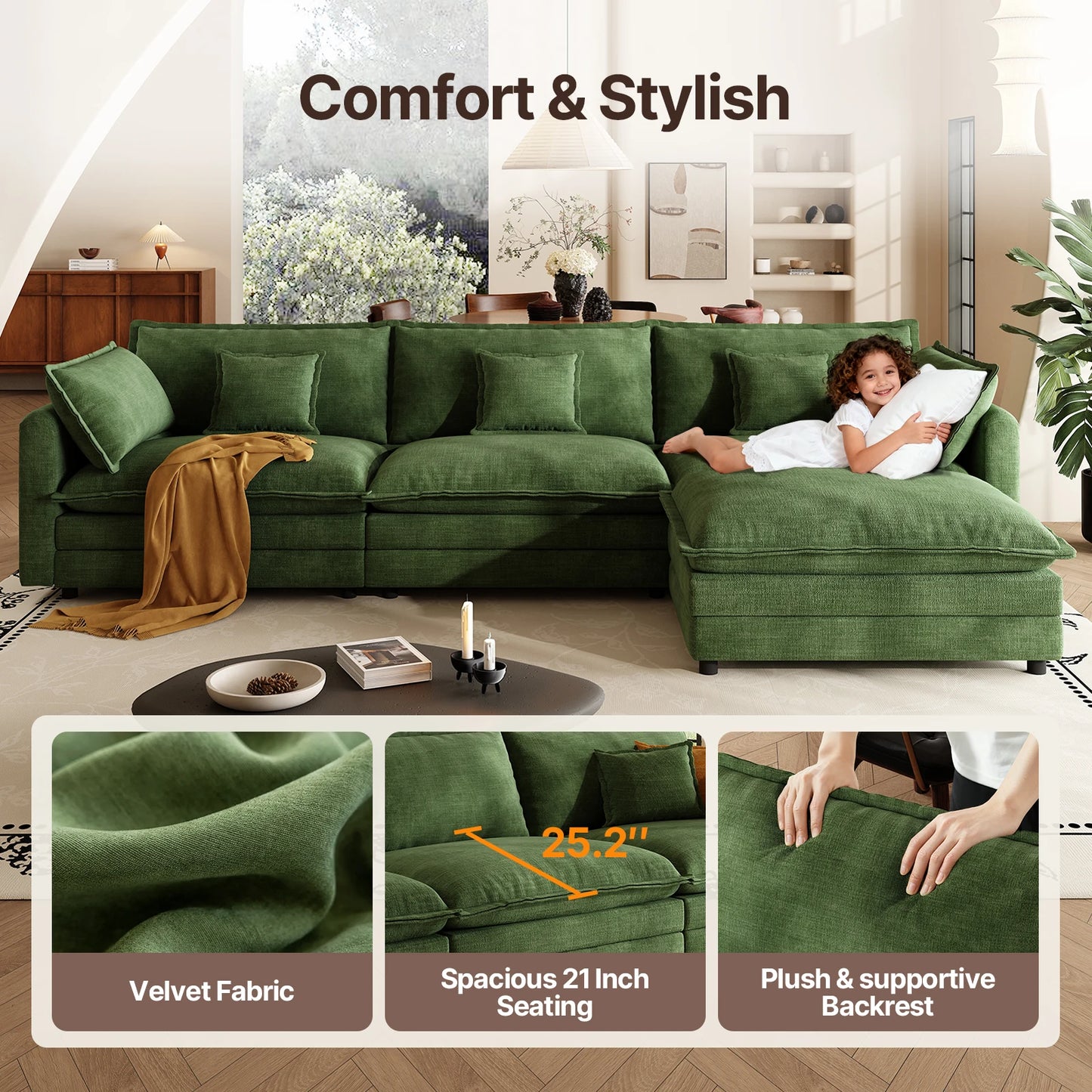 QWCCN L Shaped Modern Sofa Modular Sectional Couch With Ottoman