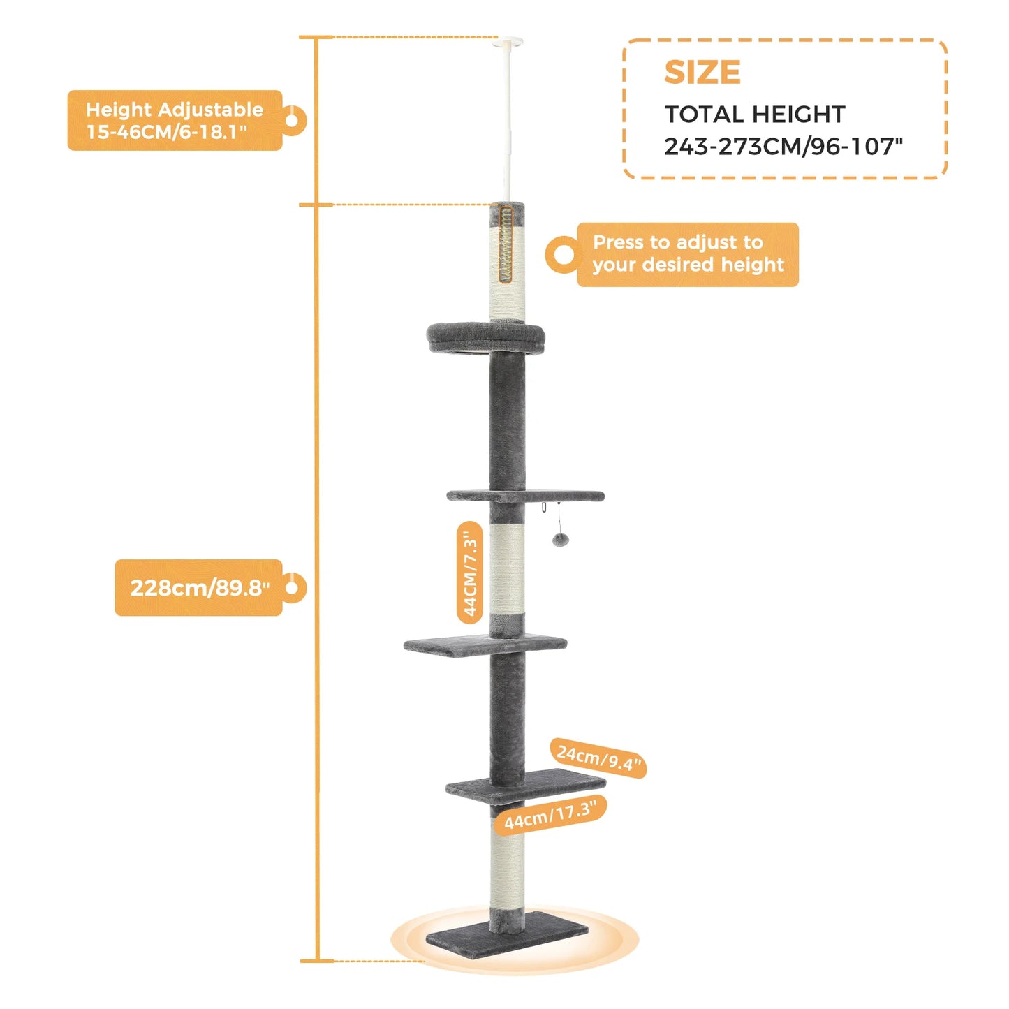 PEQULTICN Adjustable Height Cat Tree FloorCeiling With Scratching Posts