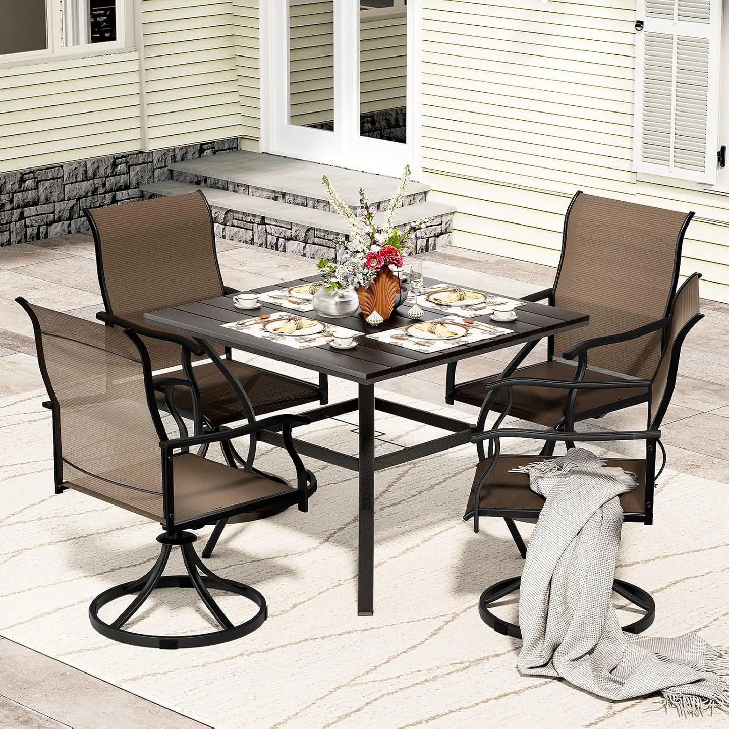 Outdoor Patio Dining Set with 4 Swivel Chairs and Table