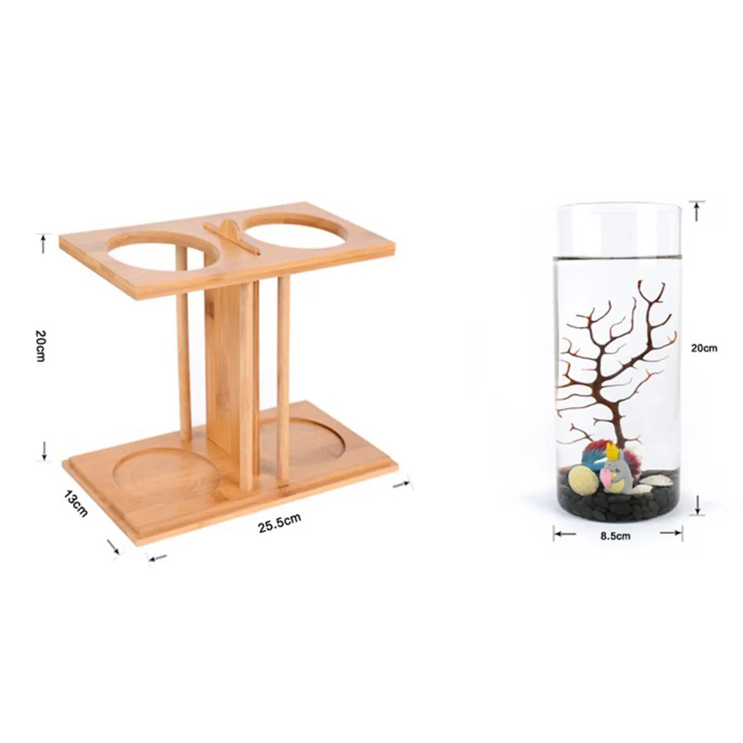 Mini Glass Betta Tank With Bamboo Base LED Desk Aquarium