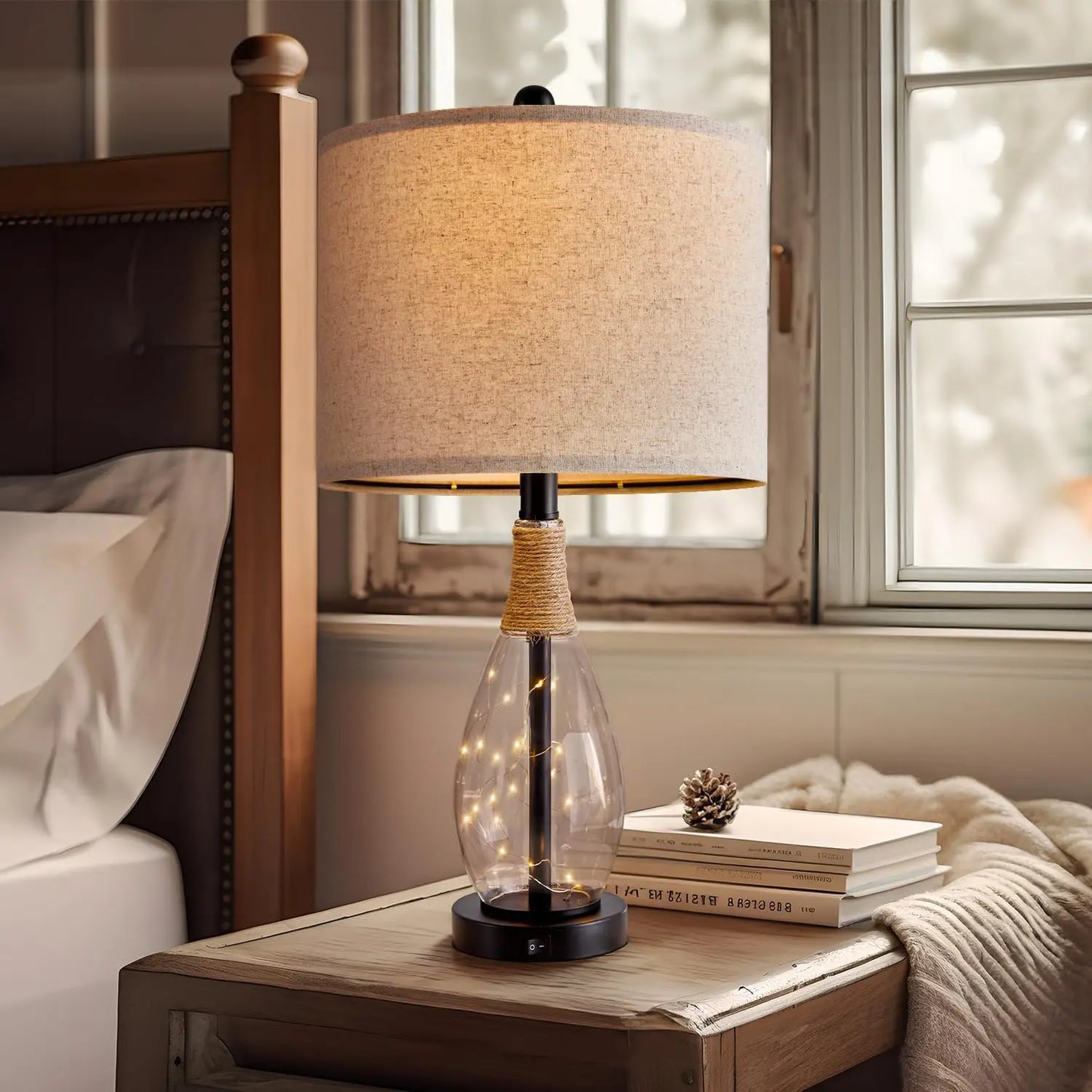 Modern Rattan Table Lamp With USB Charging Nightstand Light