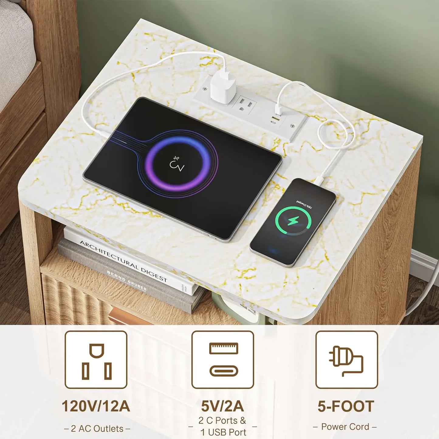 XMSJ Fluted Nightstand With Charging Station Bedside Table