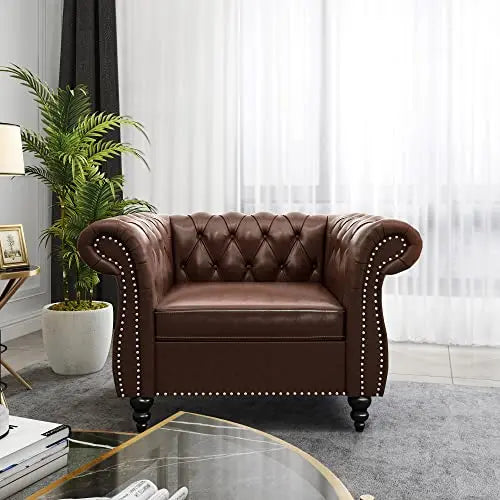 Modern Tufted Faux Leather Living Room Sofa Set With Button Nailhead Scroll Arms
