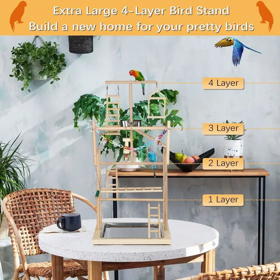 XMSJ Pet Parrot Playstand Ladder Wood Perch Gym Playpen