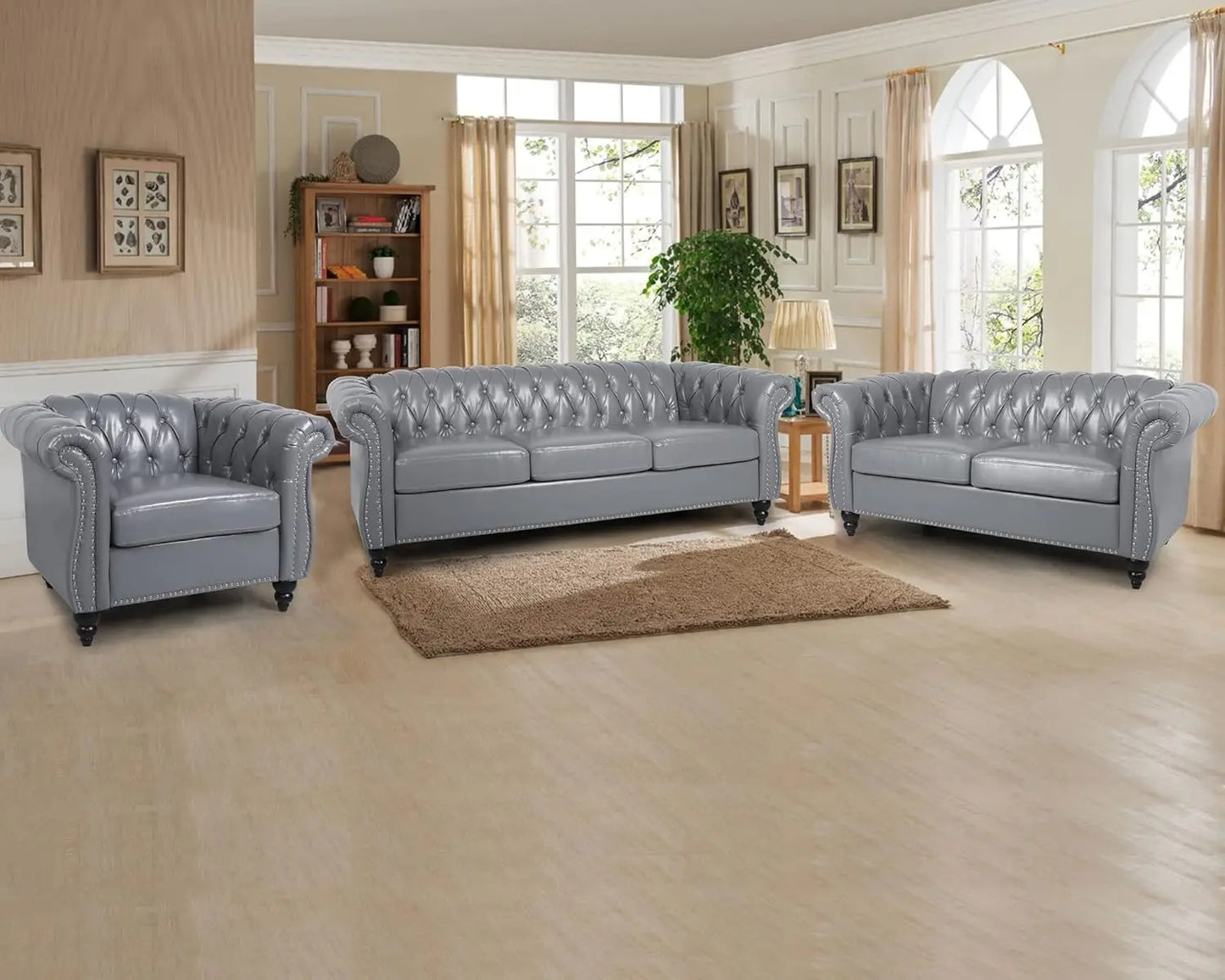 Modern Tufted Faux Leather Living Room Sofa Set With Button Nailhead Scroll Arms