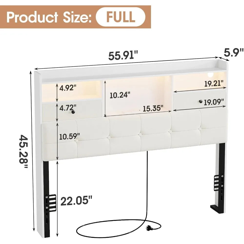 Headboard With Storage And Two Drawers, LED Lights, Upholstered