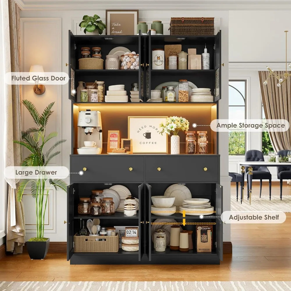 Pantry Cabinet With LED Lighting And Charging Station Microwave Mount