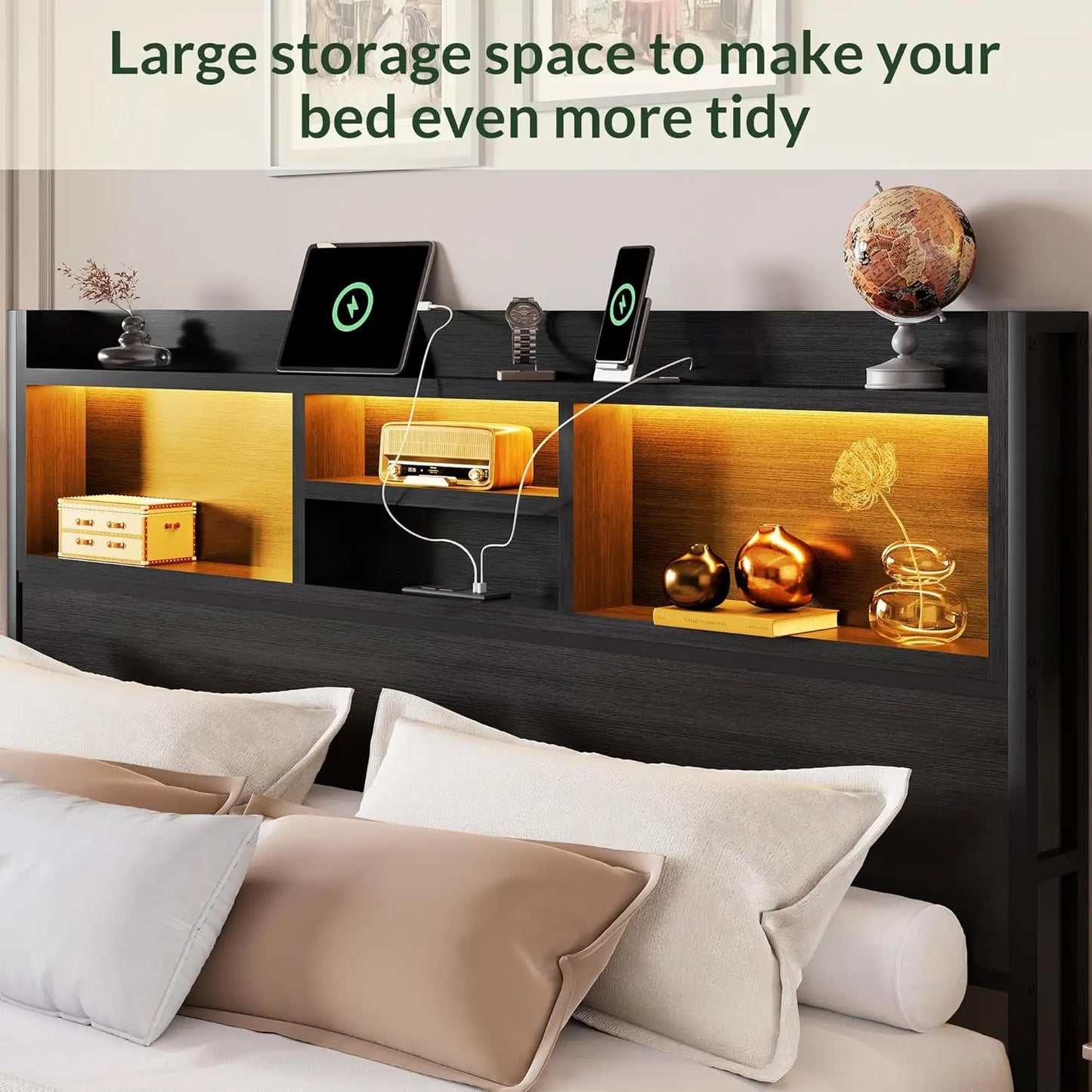 Bed Frame With 6 Drawers, LED Lights, Charging Station, Black