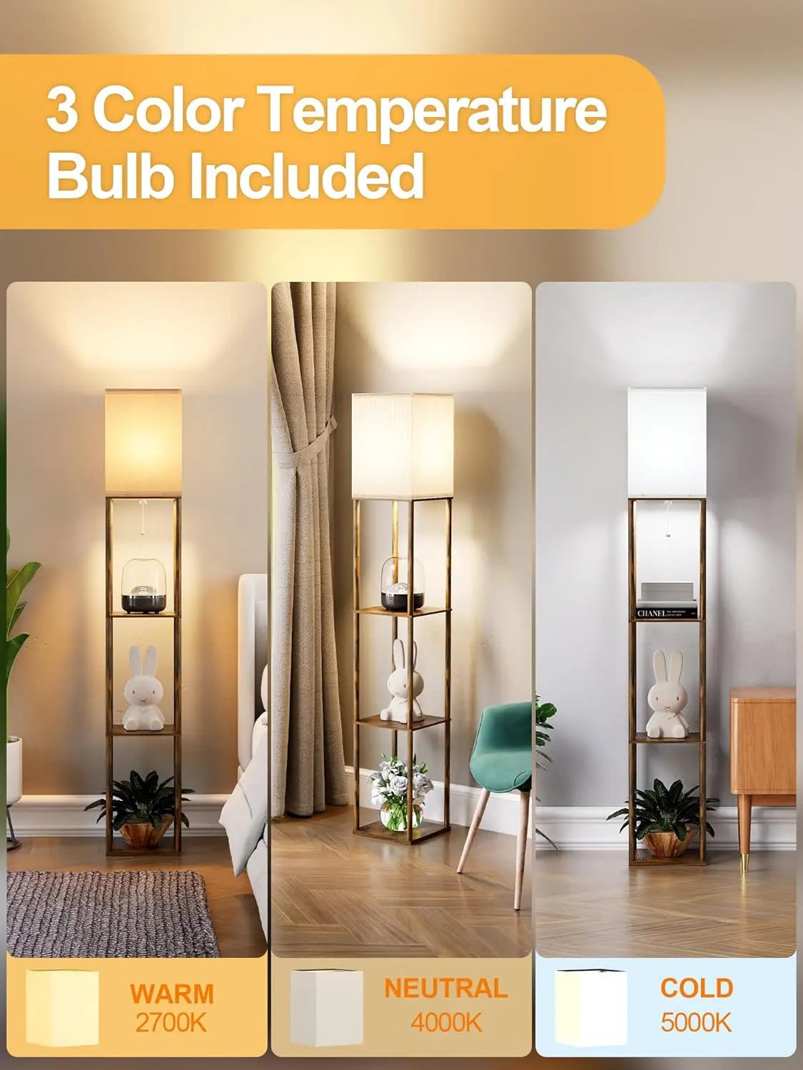 Corner Floor Lamp With 3 Shelves And Adjustable LED Light