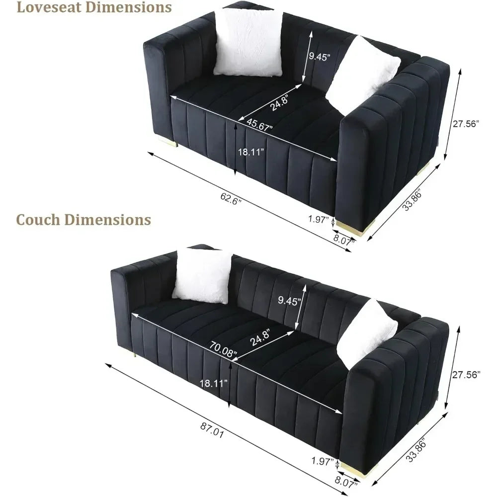 Modern Velvet Channel Tufted Two-Piece Sofa Set with Loveseat