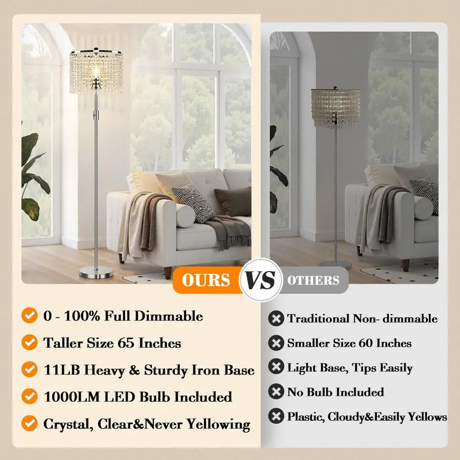 Crystal Dimmable Floor Lamp For Living Room With Knob Switch