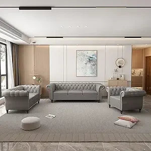 DAFIFY Velvet Chesterfield 3-Piece Living Room Set With Scroll Arms