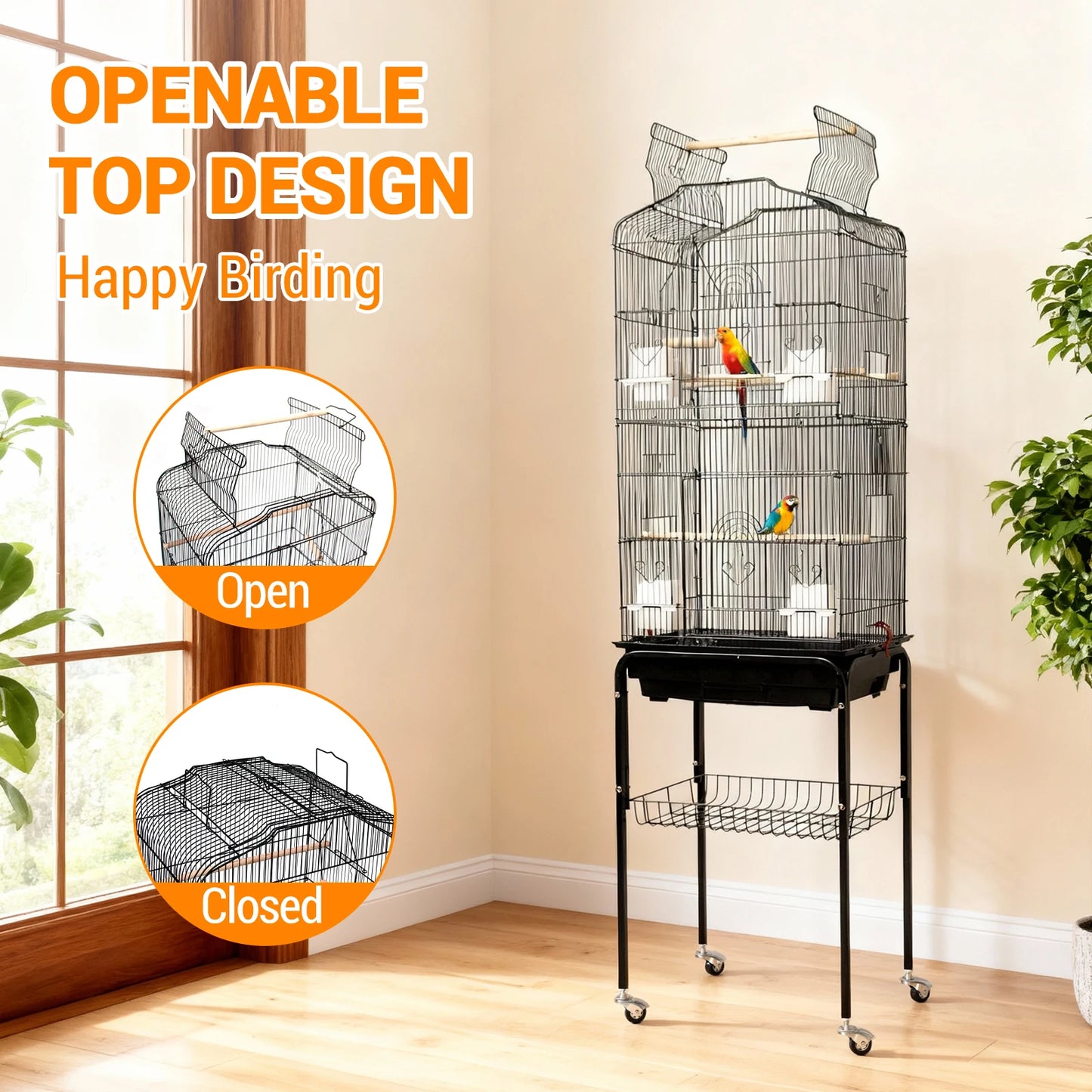 HiMISS Durable Bird Cage With Rooftop Play Stand And Tray