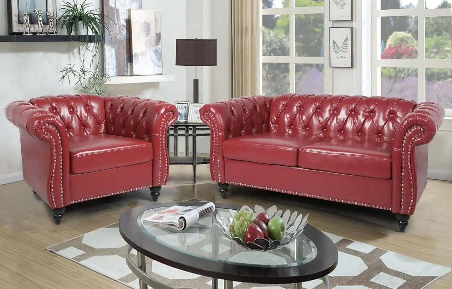 Modern Tufted Faux Leather Living Room Sofa Set With Button Nailhead Scroll Arms