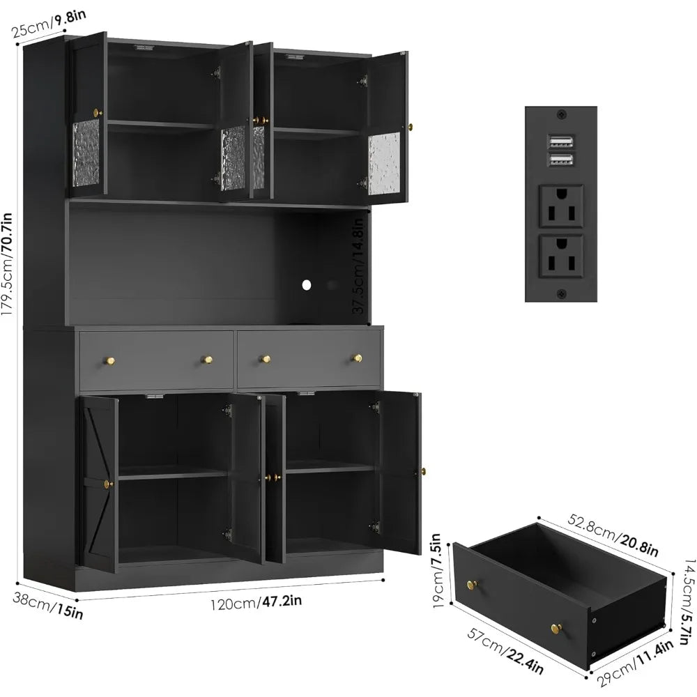 Pantry Cabinet With LED Lighting And Charging Station Microwave Mount