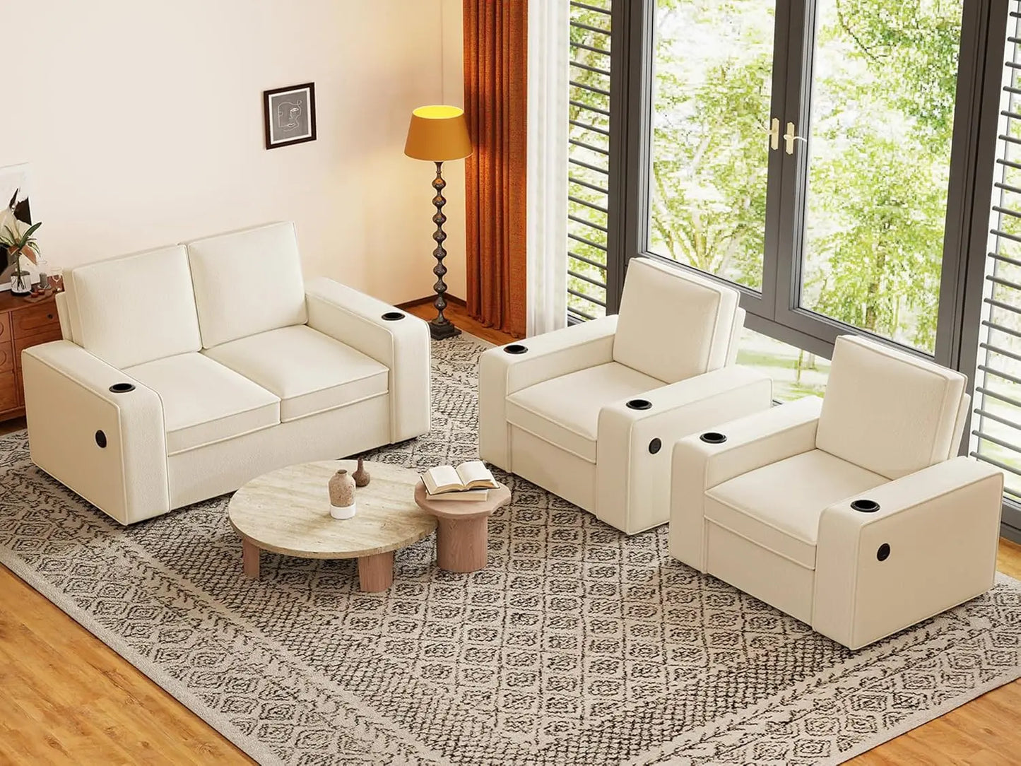 Corduroy 4 Seater Sectional Sofa Set With USB Holder 3PC