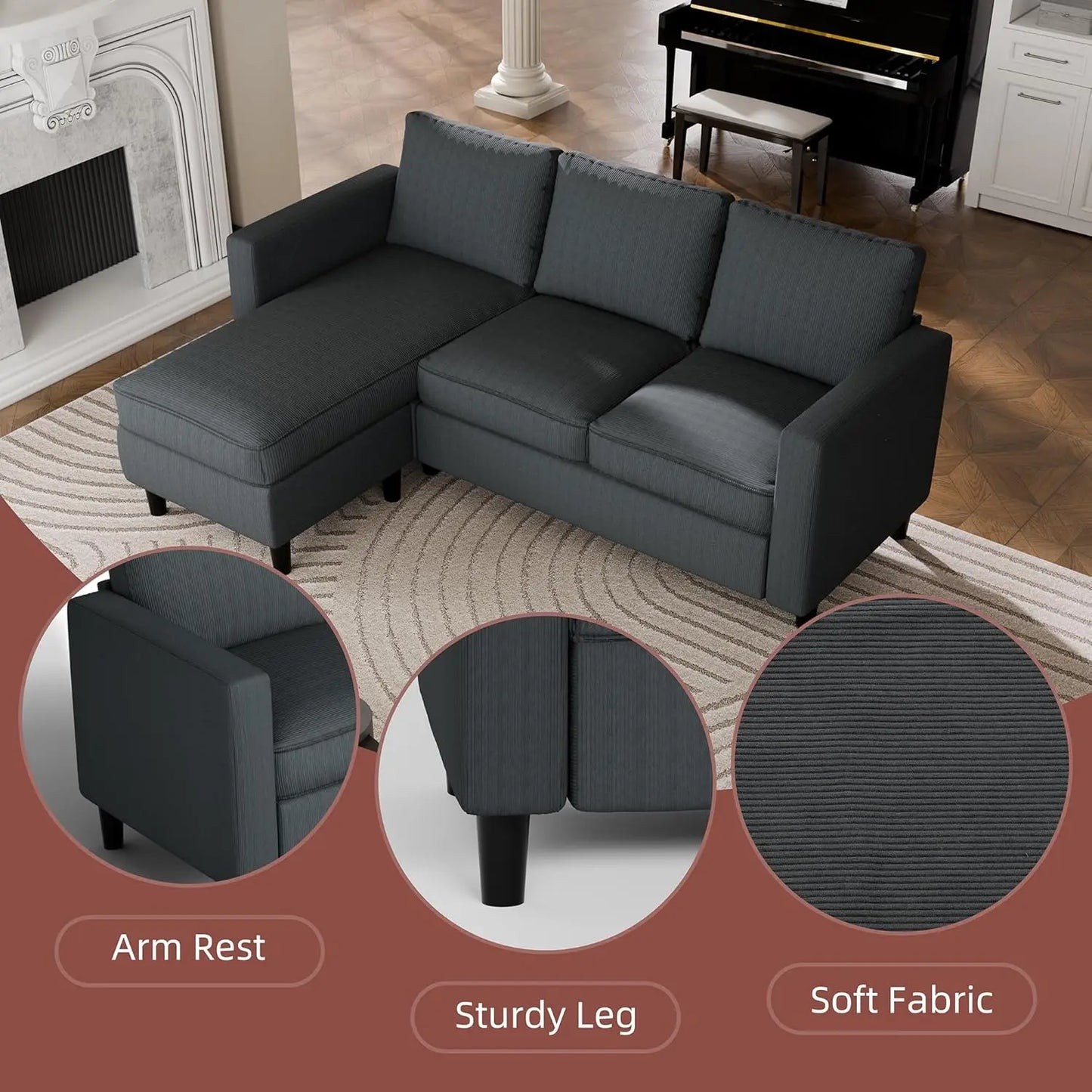Convertible L Shaped Sectional Sofa Couch With Movable Ottoman