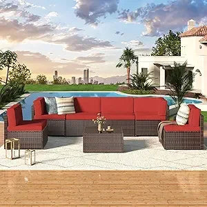 7 Piece Outdoor Patio Furniture Set PE Rattan Wicker With Cushions And Tea Table