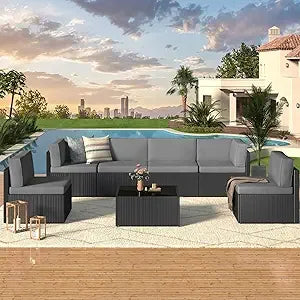 7 Piece Outdoor Patio Furniture Set PE Rattan Wicker With Cushions And Tea Table
