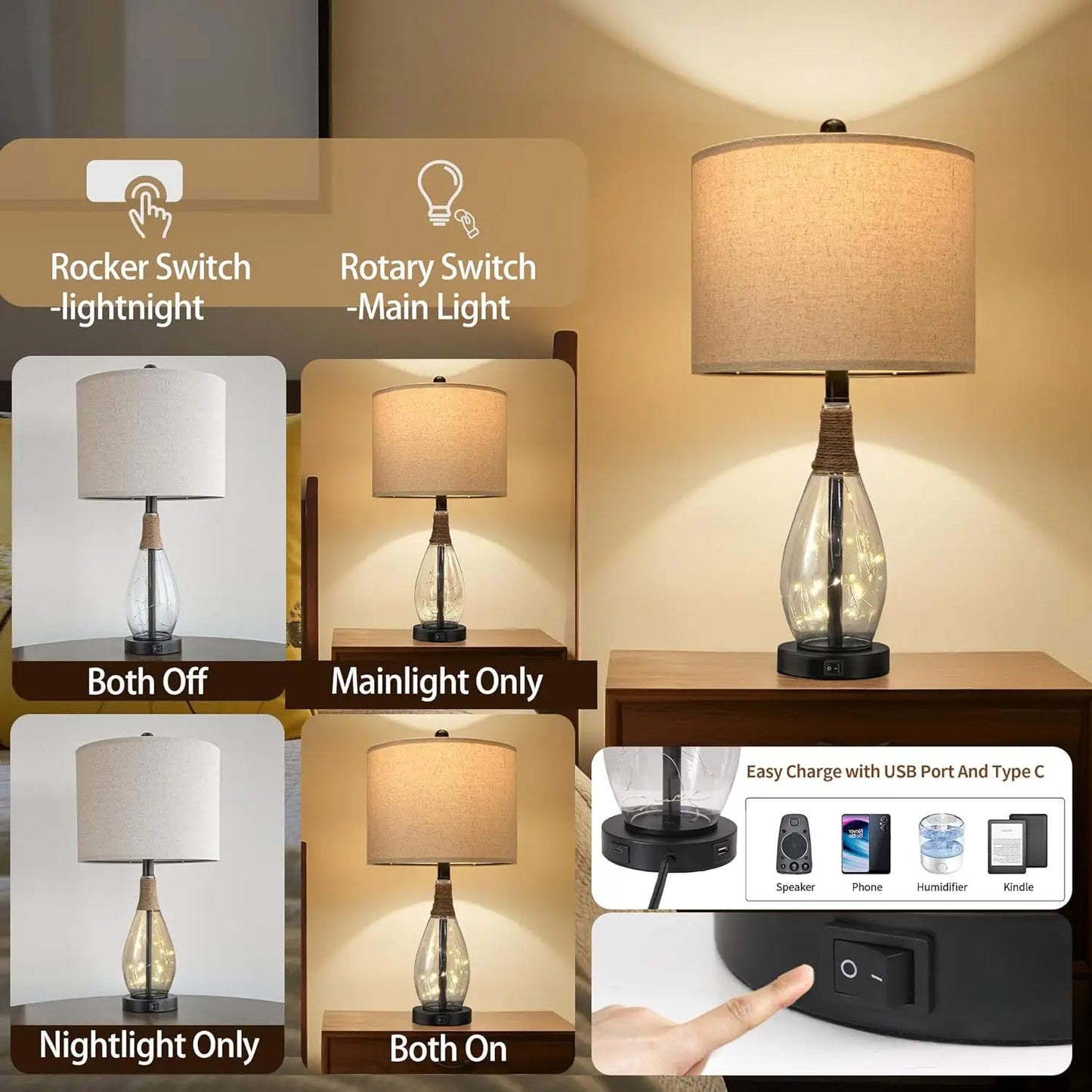 Modern Rattan Table Lamp With USB Charging Nightstand Light
