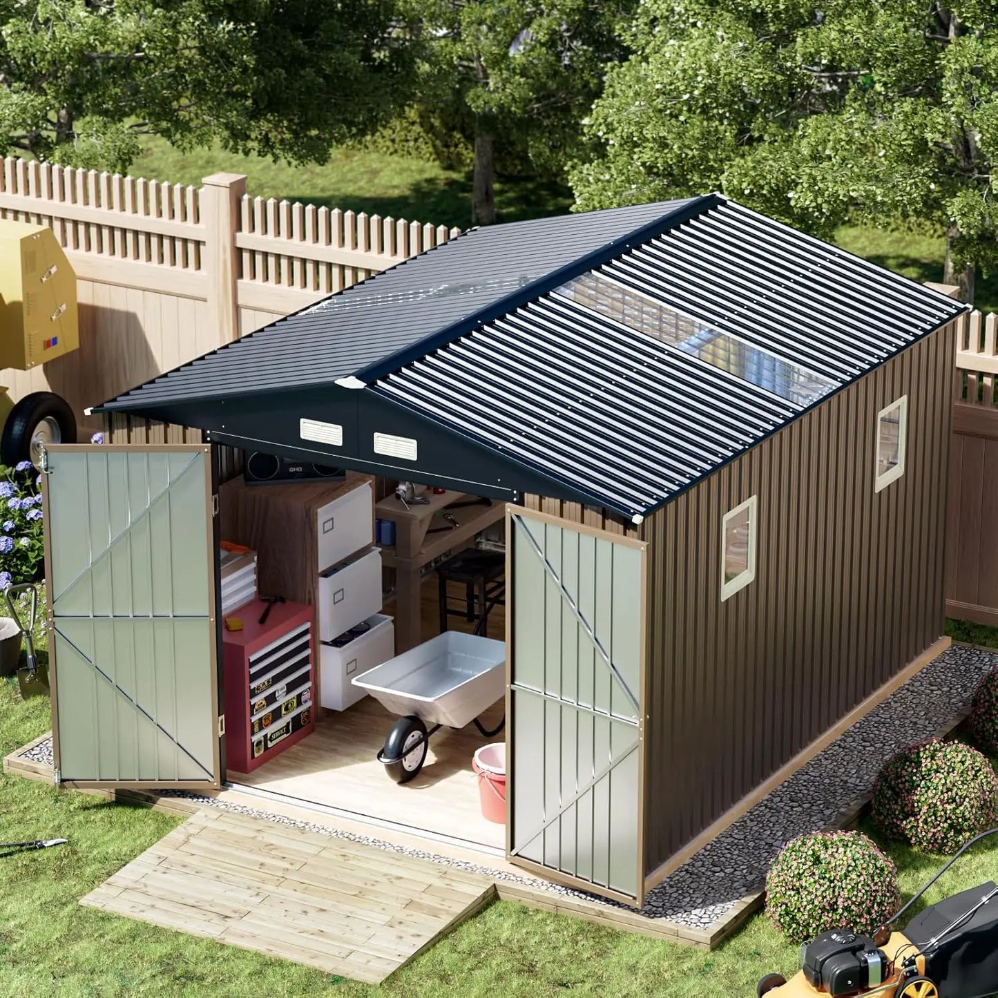 Metal Outdoor Storage Shed With Lockable Doors And Windows