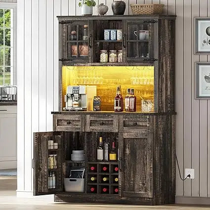 Farmhouse Coffee Bar Cabinet With Power Outlet And Led Lights