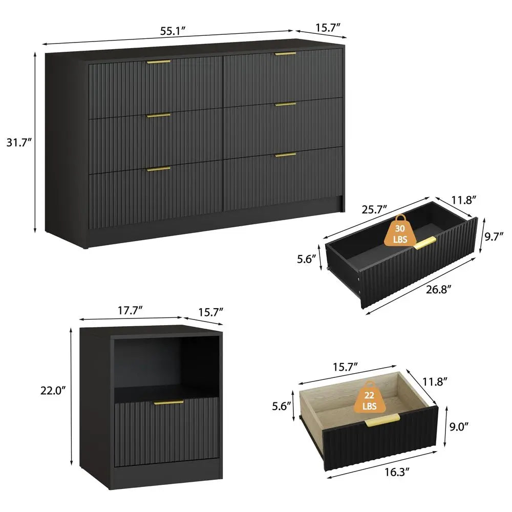 Modern Bedroom Furniture Set With 6 Drawer Dresser And Nightstands