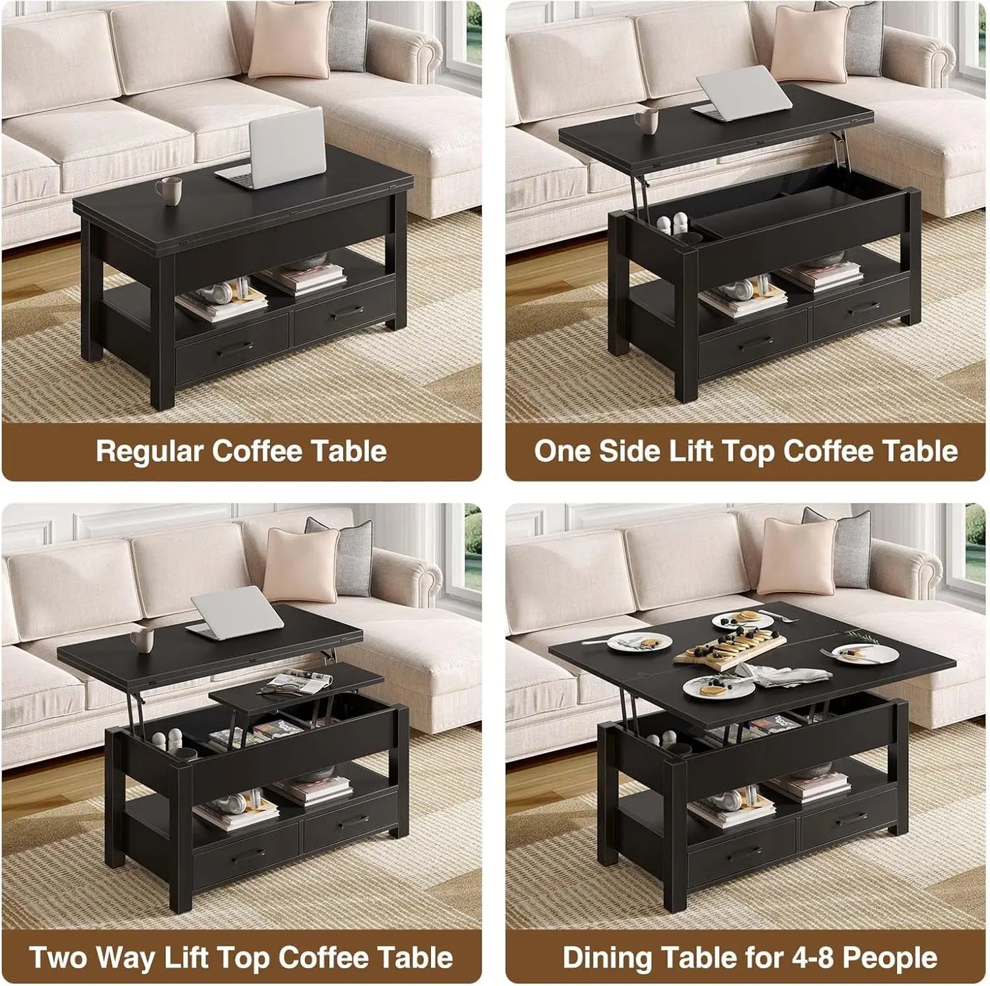 Convertible Lift Top Coffee Table With Drawers And Hidden Storage