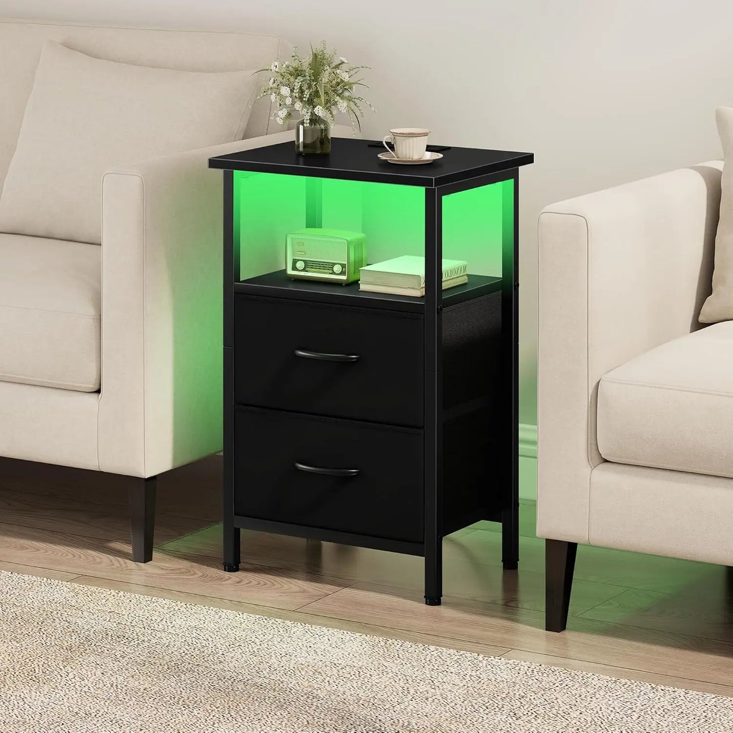 2-Piece Nightstand Set With LED Lights And USB Charging Station