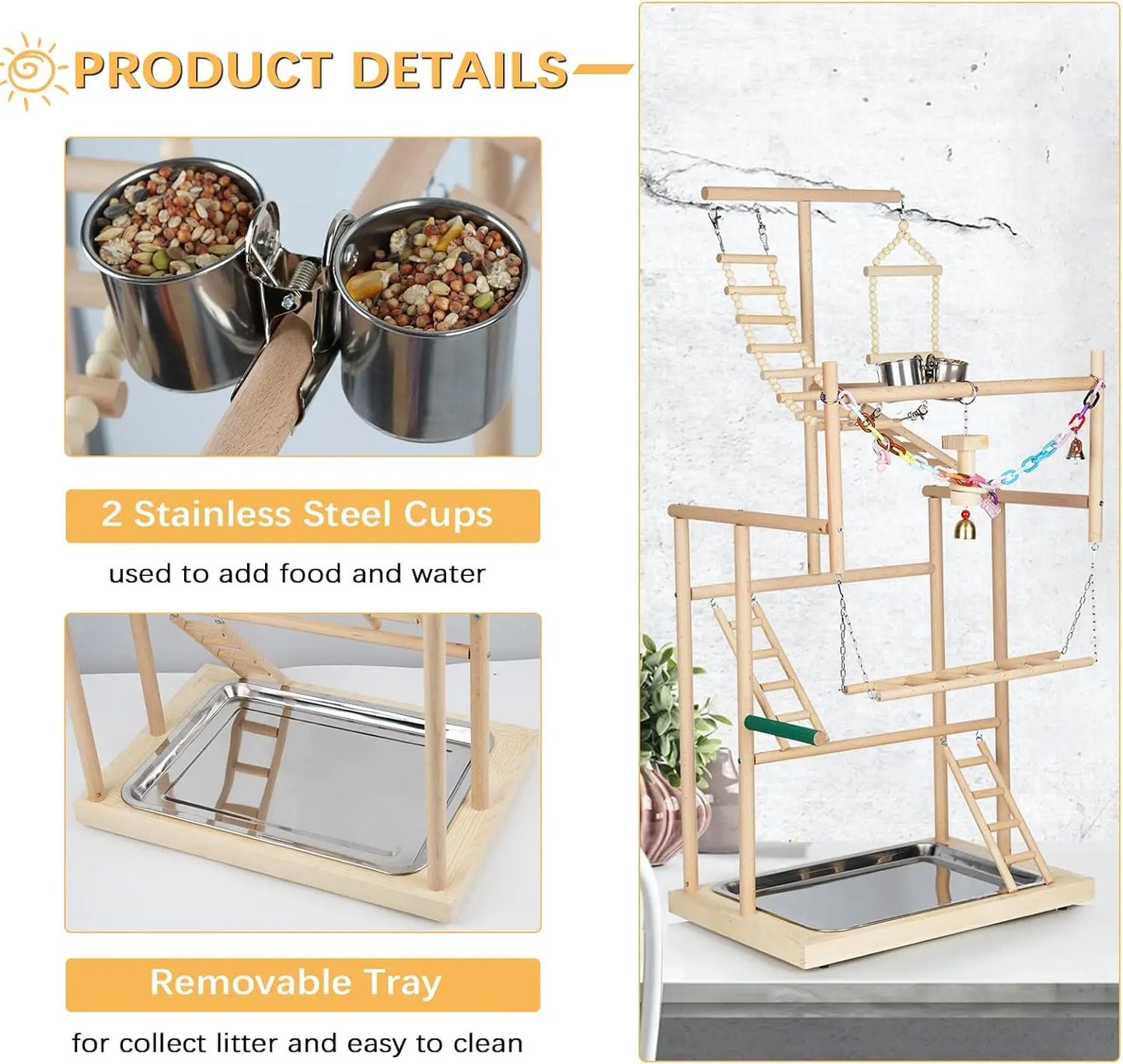 Wooden Parrot Playstand With Feeder Cups And Bells