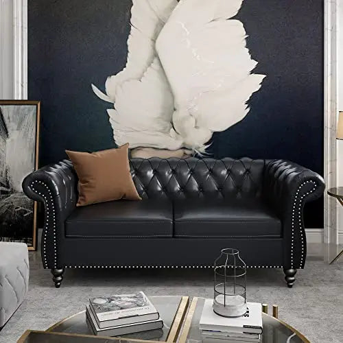Modern Tufted Faux Leather Living Room Sofa Set With Button Nailhead Scroll Arms