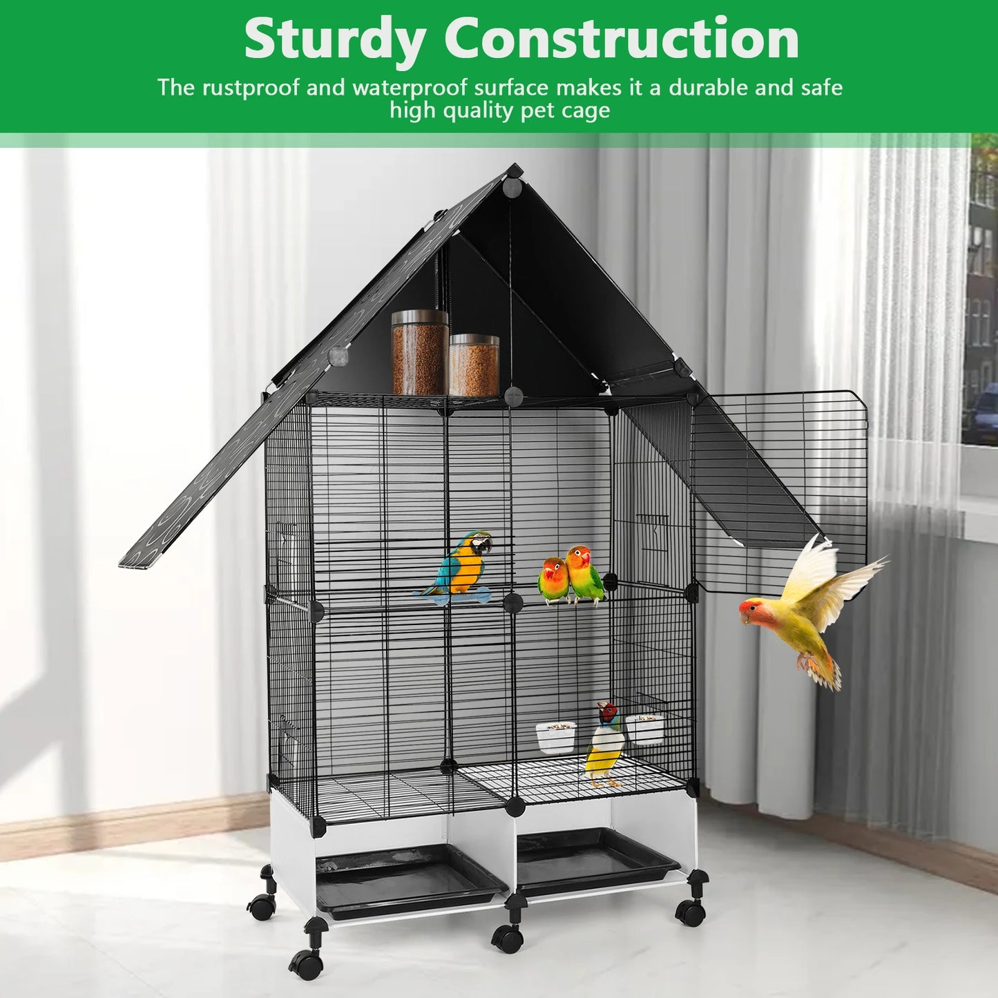 NONEM Two Tier Large Bird Cage With Lock Rolling Stand