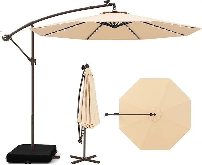 Offset Patio Umbrella Cantilever With Base Included Tilt And Solar LED Lights