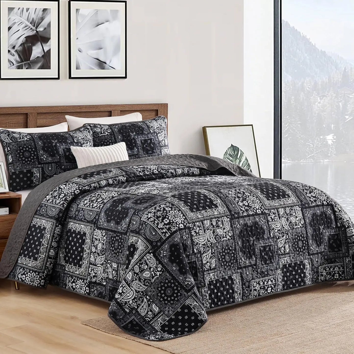 Patchwork Quilt Set Silk with Goose Down Paisley Floral