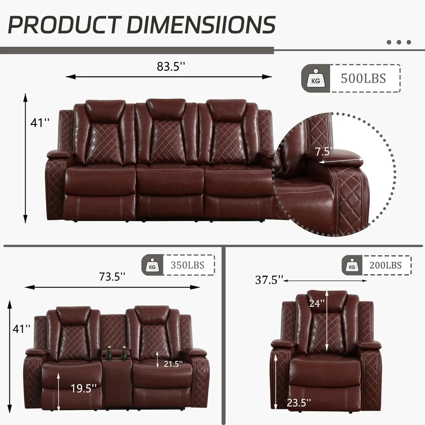 Power Recliner Leather Sofa Set With LED And USB Charging