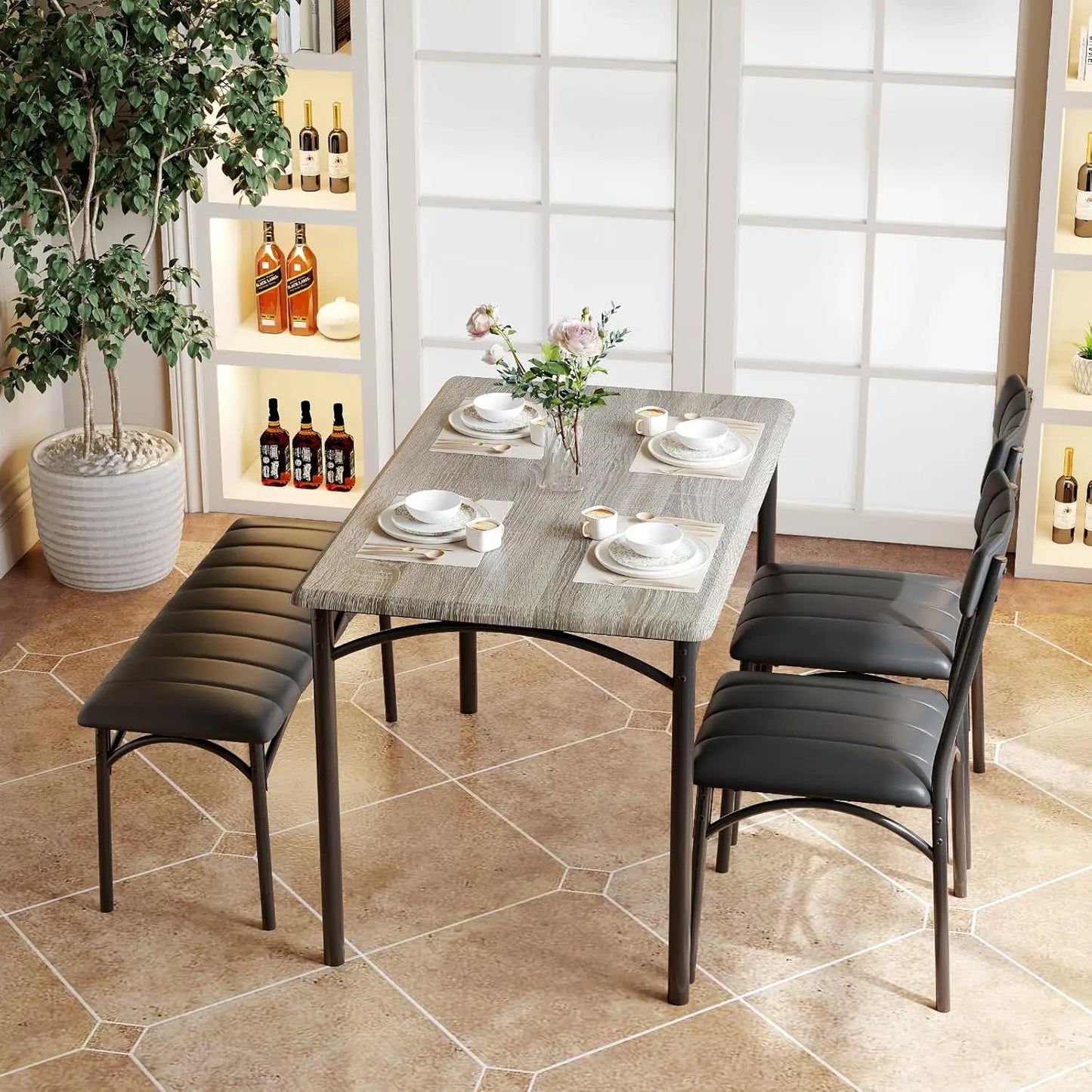 Studyset Dining Table Set With Upholstered Bench And Four Chairs