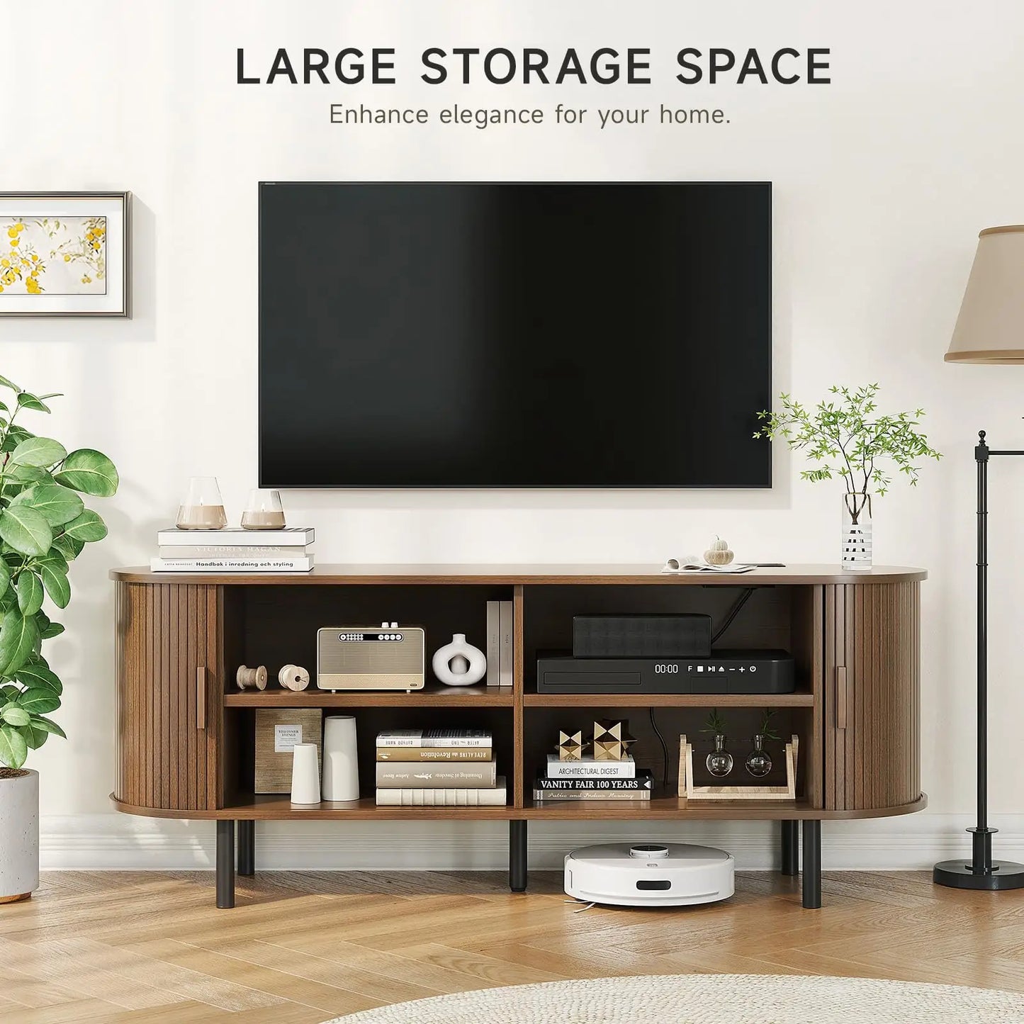 ONBRILL TV Stand With Power Outlet And Sliding Door Storage