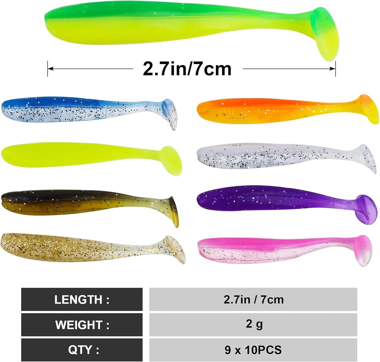 Soft Fishing Lures Kit 90pcs Paddle Tail Swimbaits With Hooks