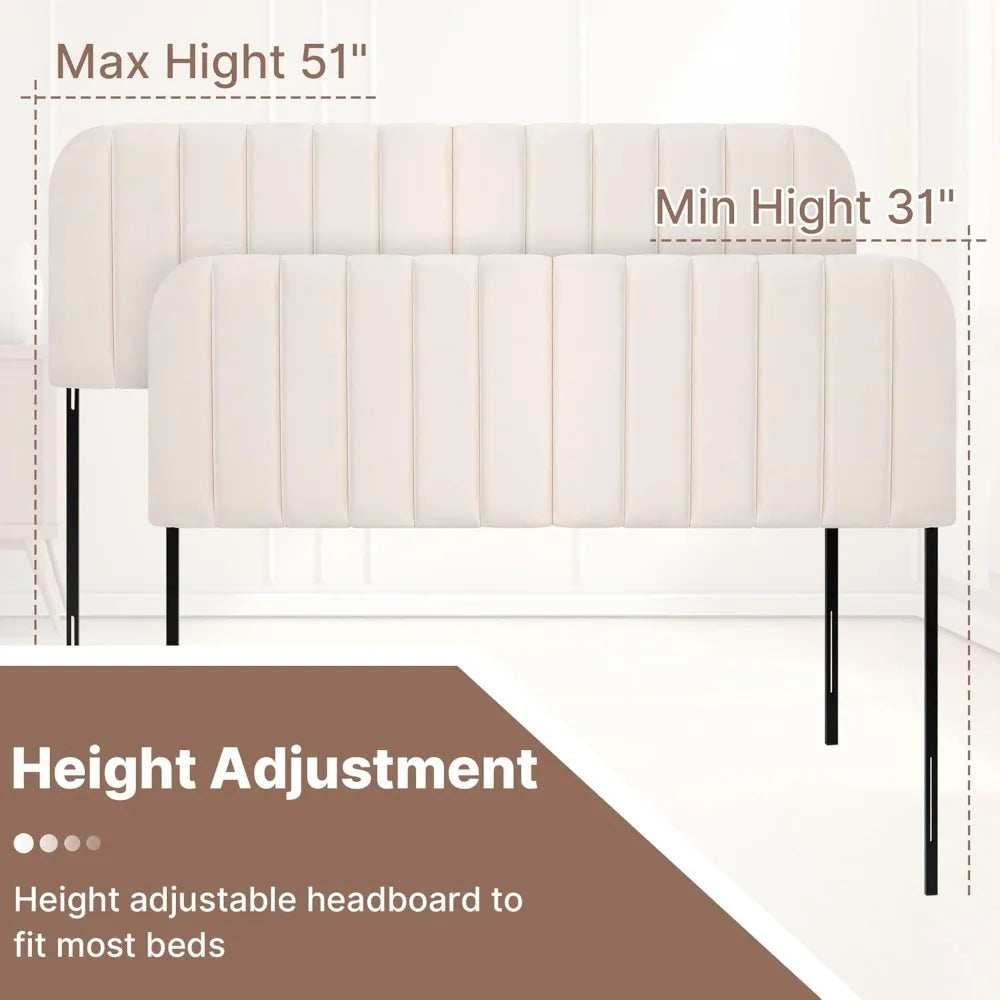 Upholstered Striped Headboard Bed Frame With Adjustable Height Metal Legs
