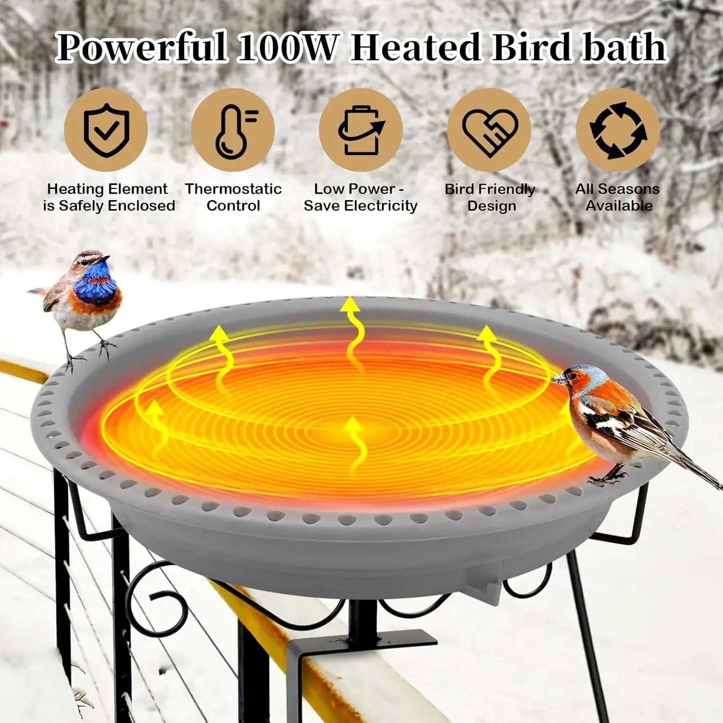 100W Thermostatically Heated Bird Bath for Outdoor Deck Railing