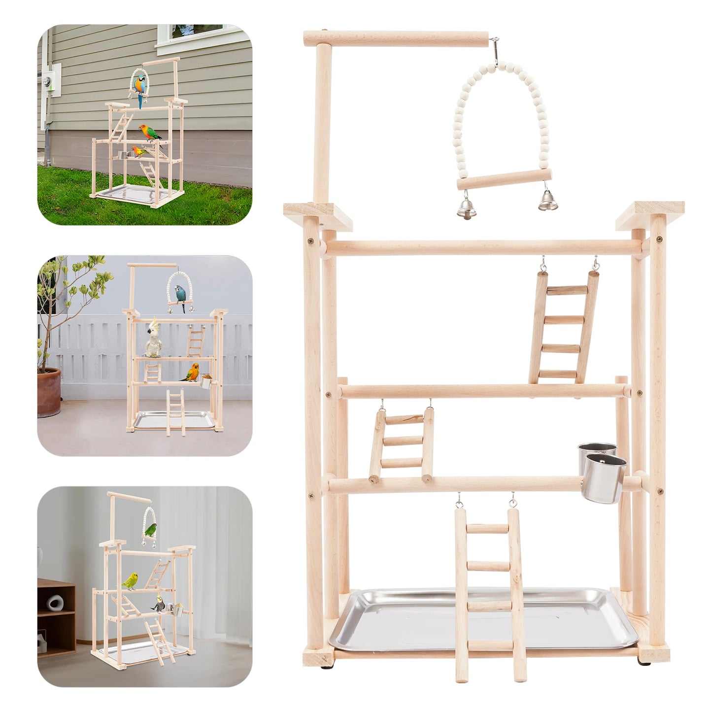 NONECN 3 Tier Parrot Rack Wood Bird Stand For Small To Medium Birds