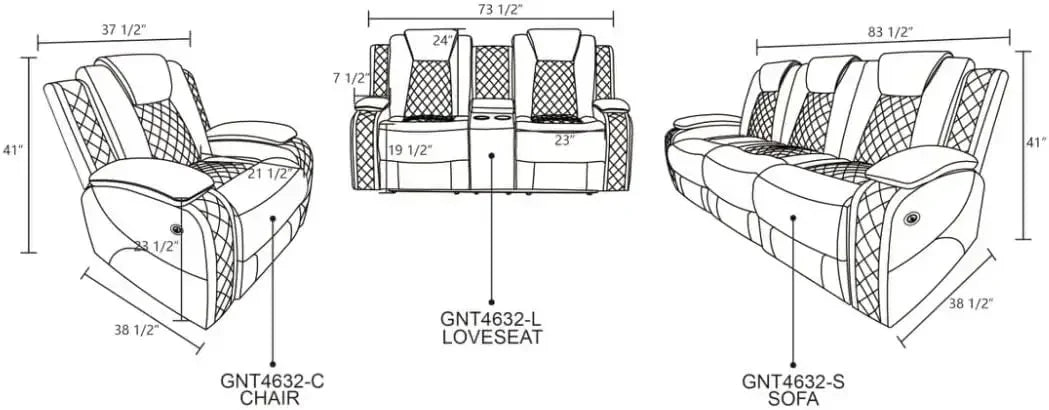 Power Electric Recliner Living Room Set With LED Light And Wireless Charging