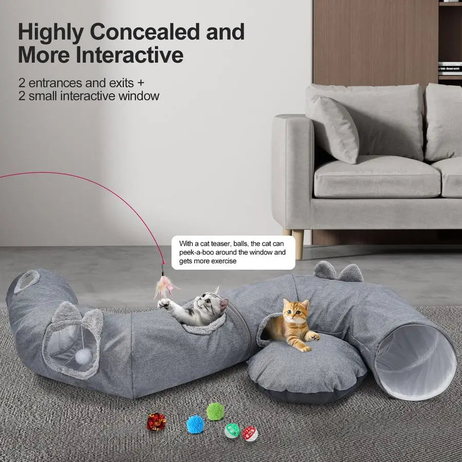 Linen Cat Tunnel With Central Bed And Detachable Soft Mat