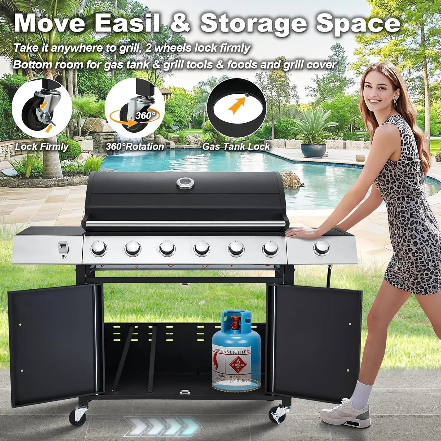 Upgraded 60K BTU Stainless Steel 6 Burner Propane Gas Grill