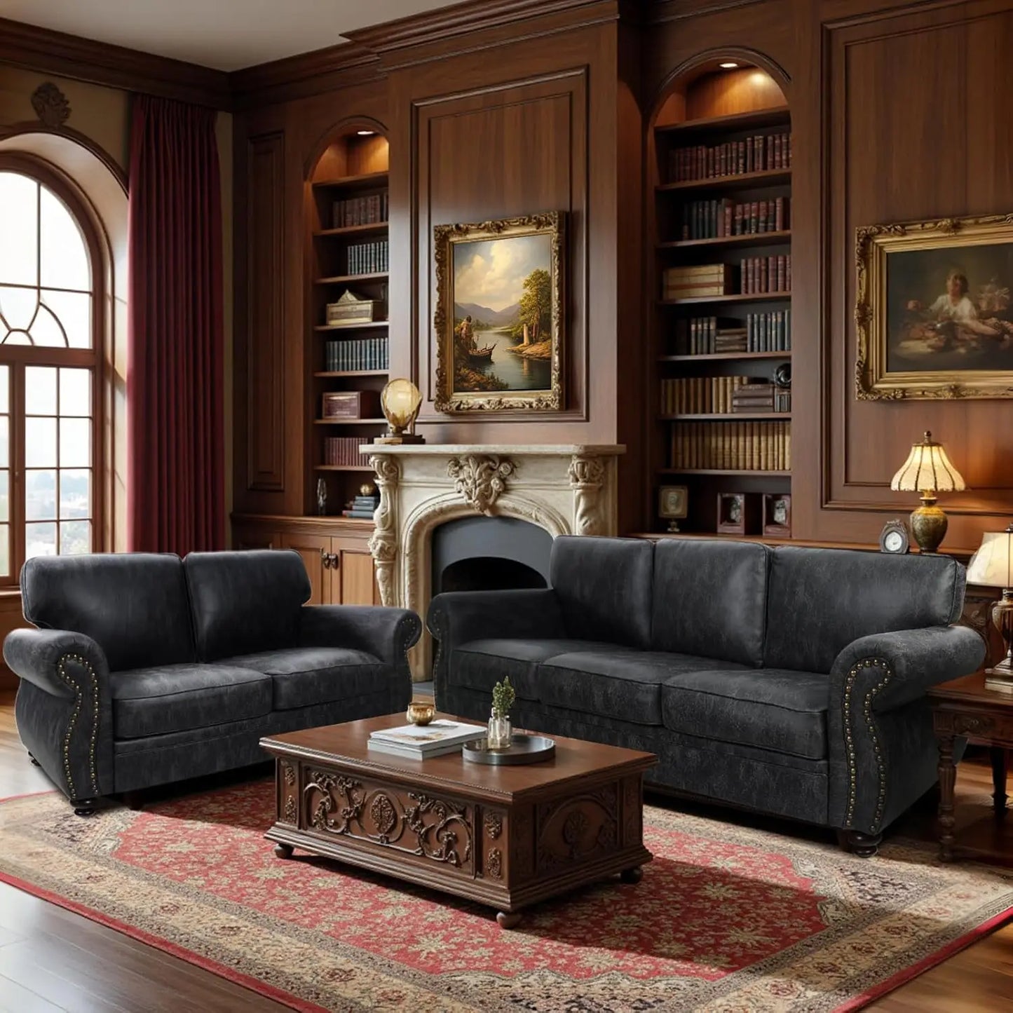 Mid-Century Sofa Set With Rivet Detailing For Living Room