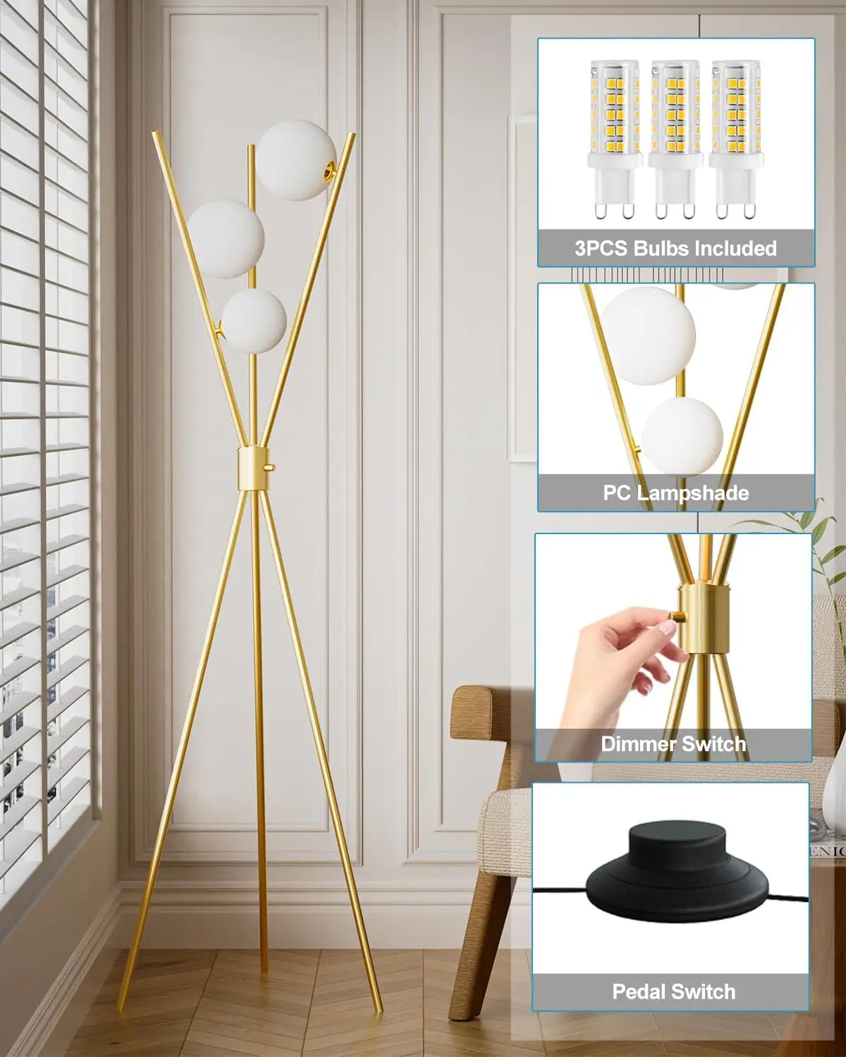 Dimmable Tripod Floor Lamp With 3 Bulbs Mid Century Design