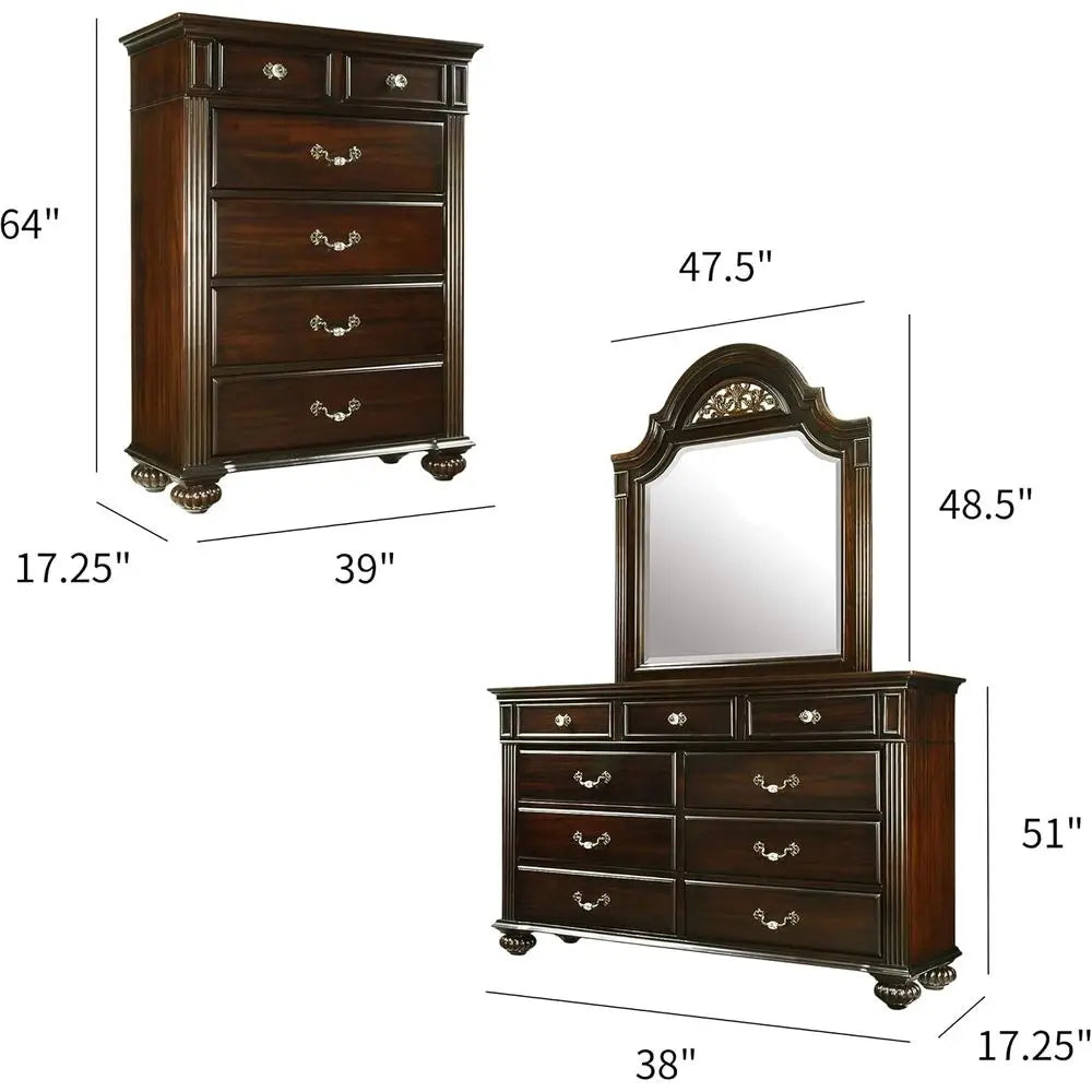 Solid Wood Traditional Bedroom Set With Chest Mirrored Dresser Nightstands