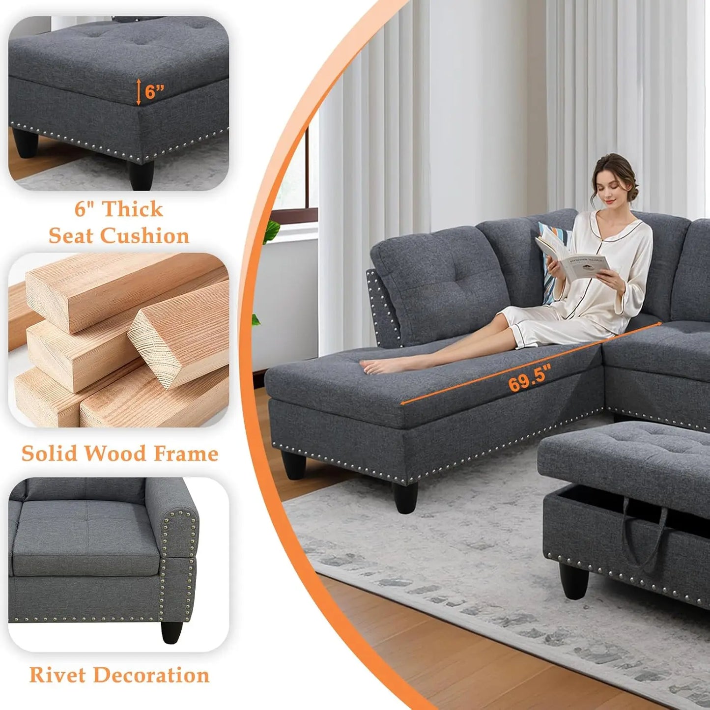 Modern L Shaped Sectional Sofa Couch With Chaise Lounge